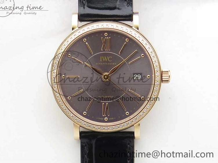 MIROTIME 1228 Durable Portofino 37mm RG V7F 1:1 Best Edition Gray Dial Diamonds Bezel on Black Leather Strap A 7089